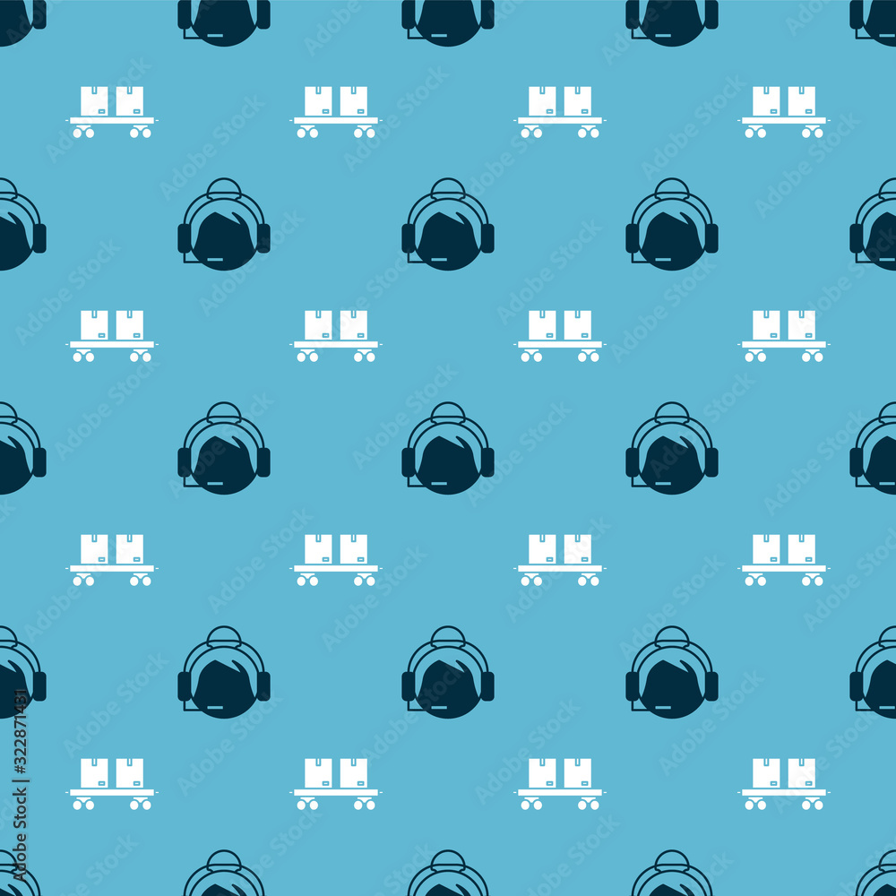 Poster set support operator in touch and railway carriage on seamless pattern. vector