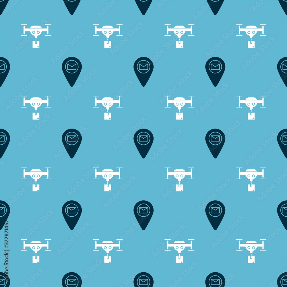 Poster set placeholder on map paper and delivery drone with the package on seamless pattern. vector