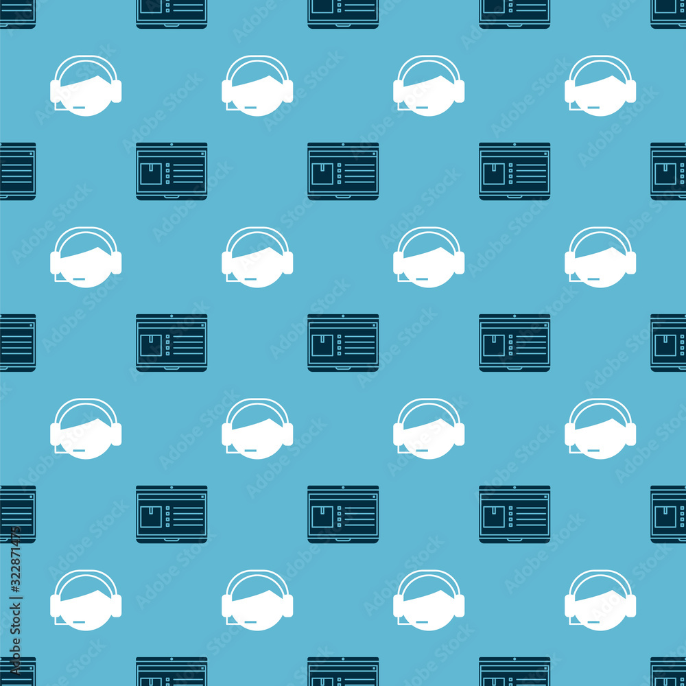 Poster set laptop with app delivery tracking and support operator in touch on seamless pattern. vector