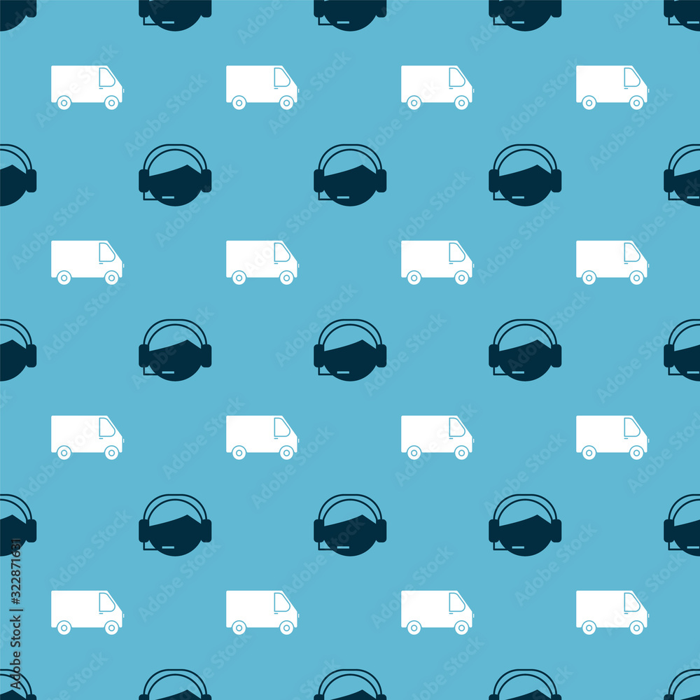 Poster set support operator in touch and delivery cargo truck vehicle on seamless pattern. vector