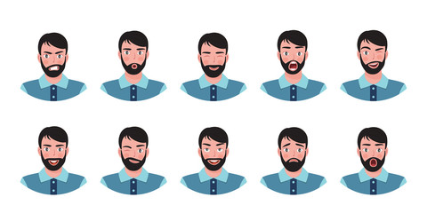 Attractive boy with beard showing different facial expressions
