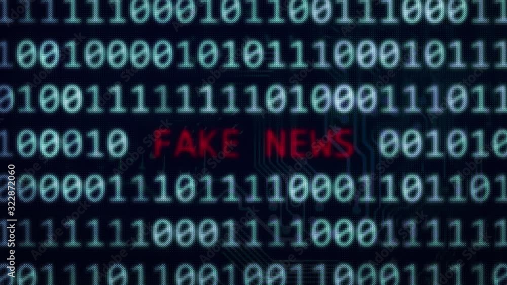 Poster fake news word text between random binary data in 4k animation 3d rendered with depth of field