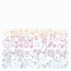 Set of summer icons with children. Kids swim with swimming mask and flippers, inflatable ring, sunbathe on the beach, take photos.