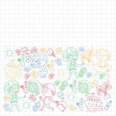 Set of summer icons with children. Kids swim with swimming mask and flippers, inflatable ring, sunbathe on the beach, take photos.