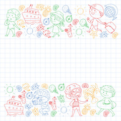 Fototapeta premium Set of summer icons with children. Kids swim with swimming mask and flippers, inflatable ring, sunbathe on the beach, take photos.