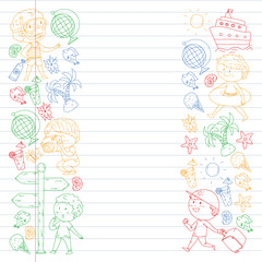 Set of summer icons with children. Kids swim with swimming mask and flippers, inflatable ring, sunbathe on the beach, take photos.