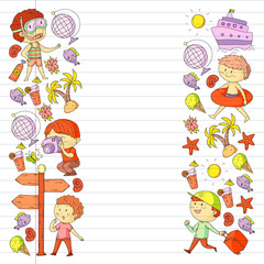 Set of summer icons with children. Kids swim with swimming mask and flippers, inflatable ring, sunbathe on the beach, take photos.