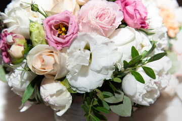 Fototapeta na wymiar wedding bouquet with rose bush, white, pink flowers background