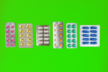 group of pharmaceutical medication and medicine pills in packs