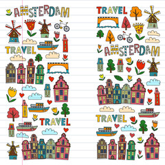 Vector pattern with Holland, Netherlands, Amsterdam icons. Doodle style.