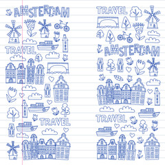 Fototapeta premium Vector pattern with Holland, Netherlands, Amsterdam icons. Doodle style.