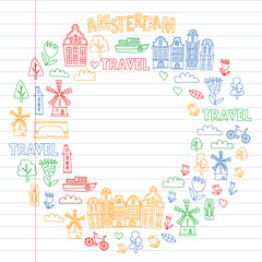 Vector pattern with Holland, Netherlands, Amsterdam icons. Doodle style.