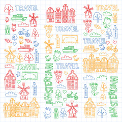 Vector pattern with Holland, Netherlands, Amsterdam icons. Doodle style.