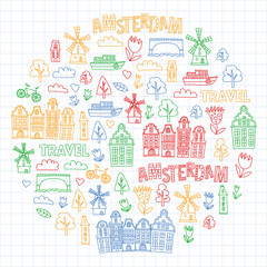 Fototapeta na wymiar Vector pattern with Holland, Netherlands, Amsterdam icons. Doodle style.