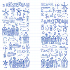 Vector pattern with Holland, Netherlands, Amsterdam icons. Doodle style.