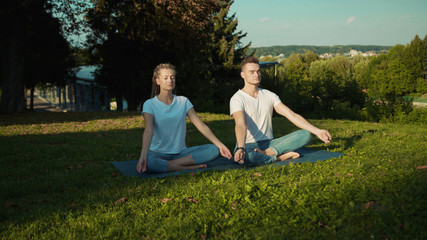 Young woman training in yoga class with handsome instructor sitting on grass breathing relaxing on fresh summer morning in the park.