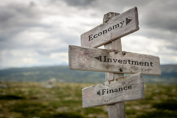 Economy, investment and finance text on wooden road sign outdoors in nature. Stock market, banking and financial concept.