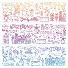 Vector pattern with Holland, Netherlands, Amsterdam icons. Doodle style.