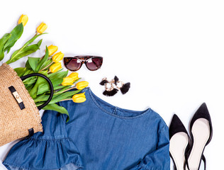 Spring summer basic denim casual city trend outfit set for woman: jeans blouse with wide sleaves,...