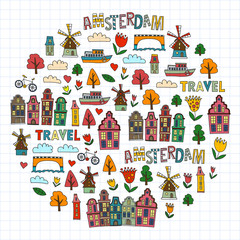 Vector pattern with Holland, Netherlands, Amsterdam icons. Doodle style.