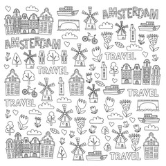Vector pattern with Holland, Netherlands, Amsterdam icons. Doodle style.