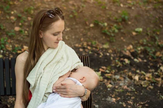 Young Mother Feeds The Baby On A Bench In The Park. Mom Breastfeeding Baby In Public Place.