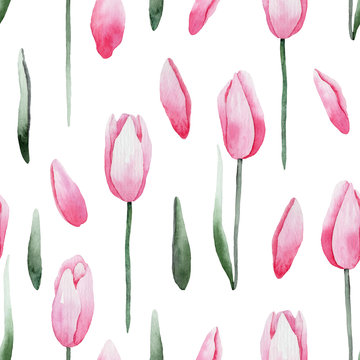 Watercolor beautiful tulips seamless pattern.