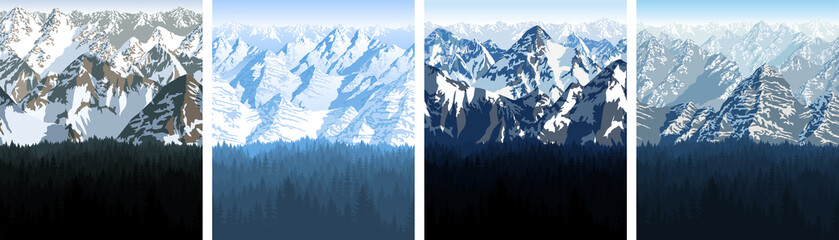 Cotton fabric vector Himalaya alps mountains with woodland background texture seamless patterns