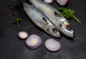sea fish raw mackerel and onion and spices on a black table selective