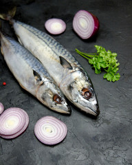 sea fish raw mackerel and onion and spices on a black table selective