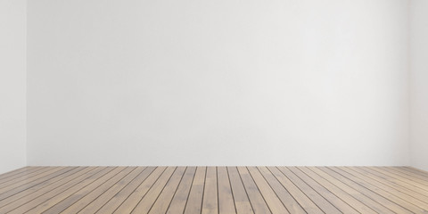 Empty white wall and wooden floor copy space background 3d render illustration