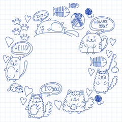Vector pattern with cute little cats and kittens for children.