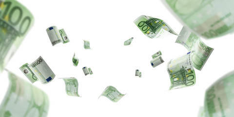 Euro money falling cash. European banknotes isolated on white background.