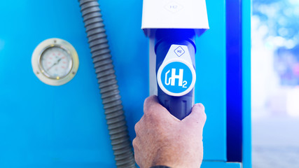 hydrogen logo on gas stations fuel dispenser. h2 combustion engine for emission free eco friendly...