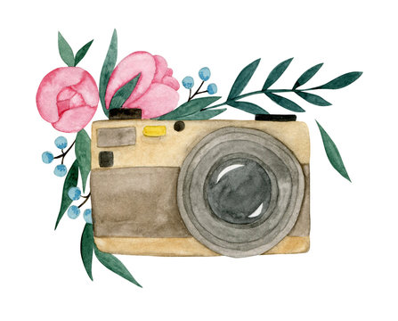 Watercolor retro camera with pink flowers, leaves, berries and twigs on a white background.