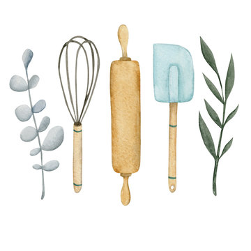 Watercolor logo with rolling pin, whisk, pastry shovel and twigs, suitable for a pastry shop, bakery, cake shop, catering and other on a white background