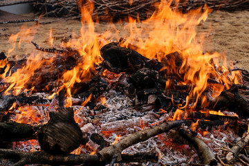 Blazing burning bonfire outdoor, colorful and danger.