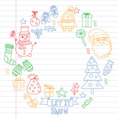 Fototapeta na wymiar Christmas element in doodle kids drawing style. Vector pattern.