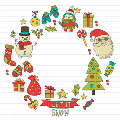 Christmas element in doodle kids drawing style. Vector pattern.