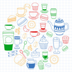 Coffee menu. Vector pattern with cappuccino, espresso. Kitchen, cooking, beverages.