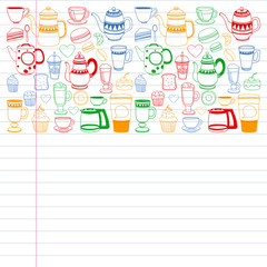 Coffee menu. Vector pattern with cappuccino, espresso. Kitchen, cooking, beverages.