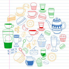 Obraz premium Coffee menu. Vector pattern with cappuccino, espresso. Kitchen, cooking, beverages.
