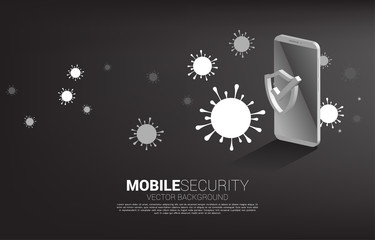Mobile phone and Protection shield icon with digital virus. concept of mobile guard security and cyber safety