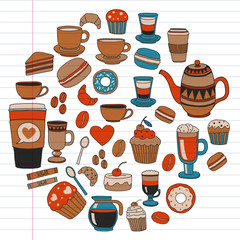 Coffee menu. Vector pattern with cappuccino, espresso. Kitchen, cooking, beverages.