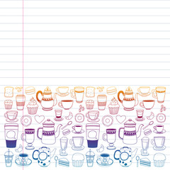 Coffee menu. Vector pattern with cappuccino, espresso. Kitchen, cooking, beverages.