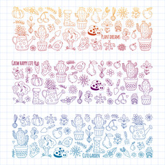 Cute gardening. Icons for banners. Vector pattern for backgrounds.