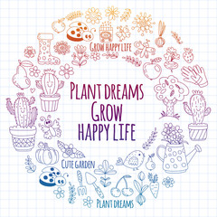Fototapeta na wymiar Cute gardening. Icons for banners. Vector pattern for backgrounds.