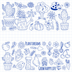 Cute gardening. Icons for banners. Vector pattern for backgrounds.