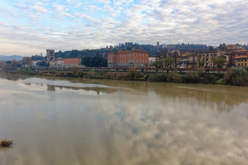 Florence firenze italy from one of the shores of arno river during sunset in winter 