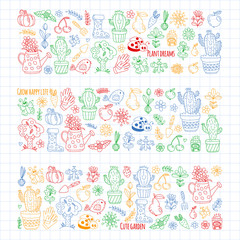 Fototapeta na wymiar Cute gardening. Icons for banners. Vector pattern for backgrounds.